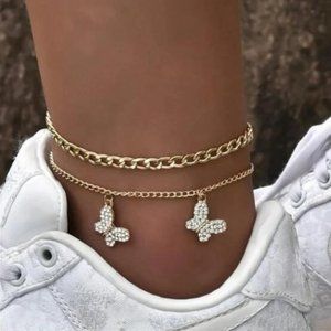 Gold 2pc Rhinestone Butterfly Anklet